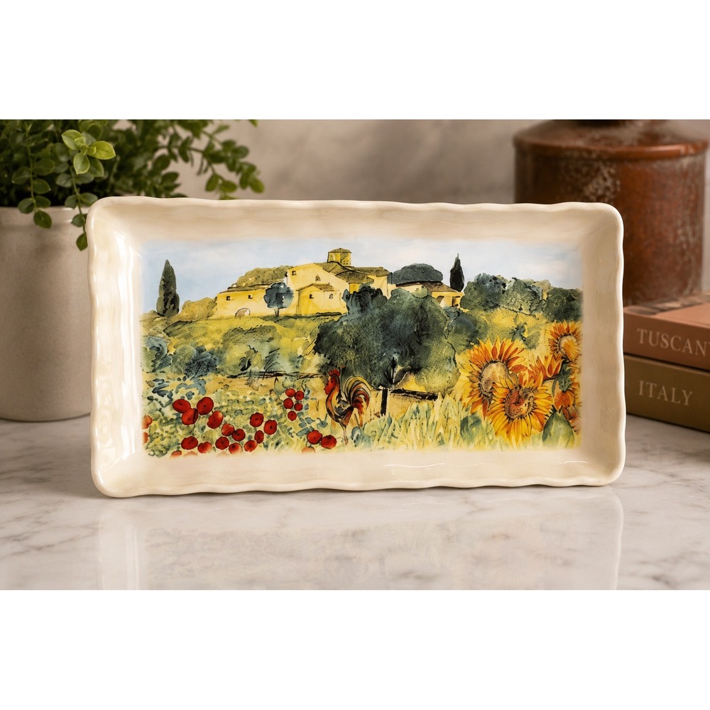 Hand Decorated Italian Rectangular Platter Rooster Sunflower Tuscan Pottery Tray